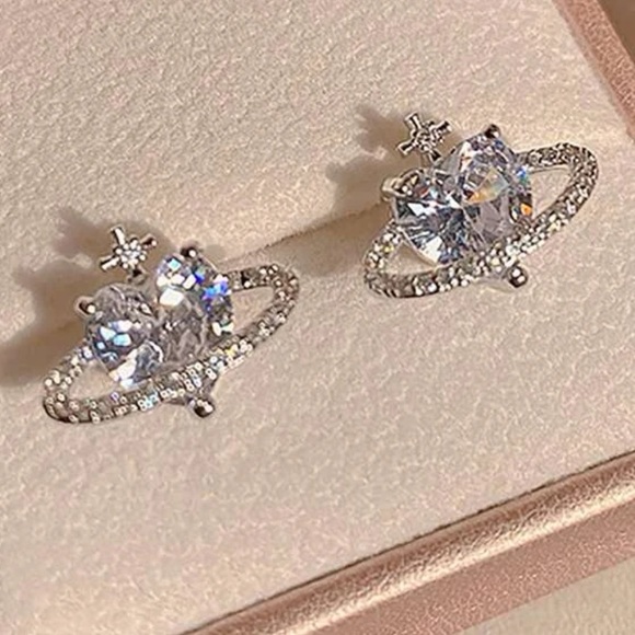 Retro Rhinestone Planet, Saturn, Stud Celestial Silver tone Glam, Earrings - Picture 2 of 4